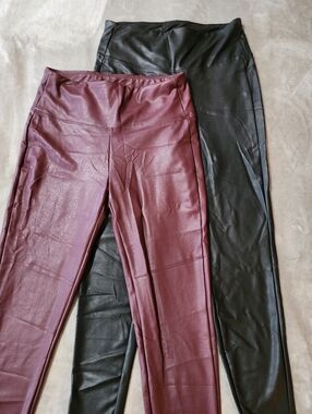 Faux Leather Leggings Bundle | Black + Burgundy High Rise Pants | Size‎ L